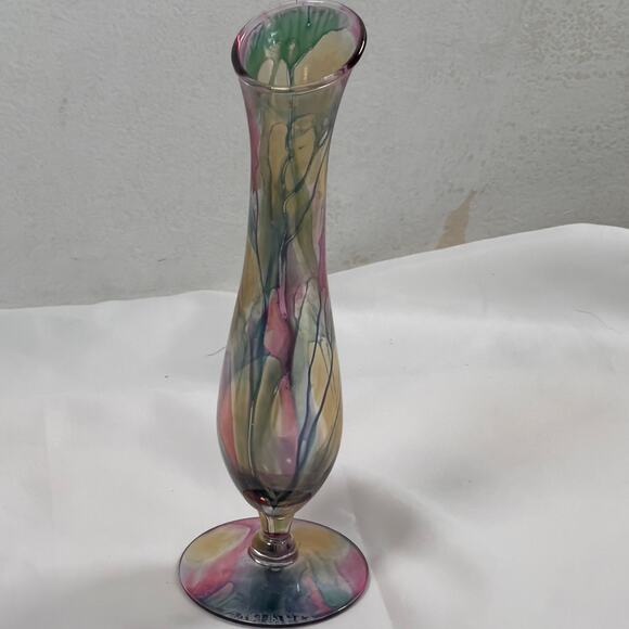 Rueven Nouveau Art Glass Co. Hand Painted Translucent Bud Vase 8" Tall - Picture 11 of 15